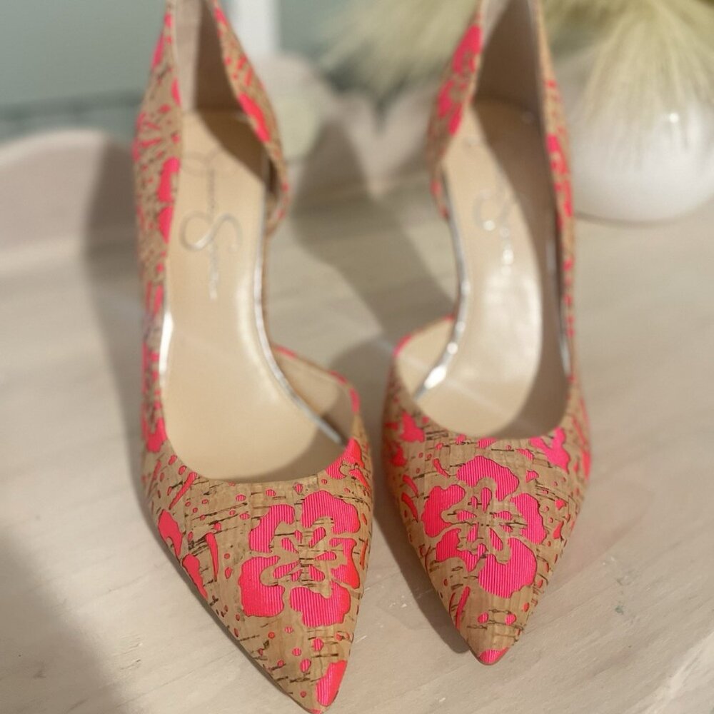 Jessica Simpson Pumps Heels Floral Cork Pink Fabric - Picture 2 of 7